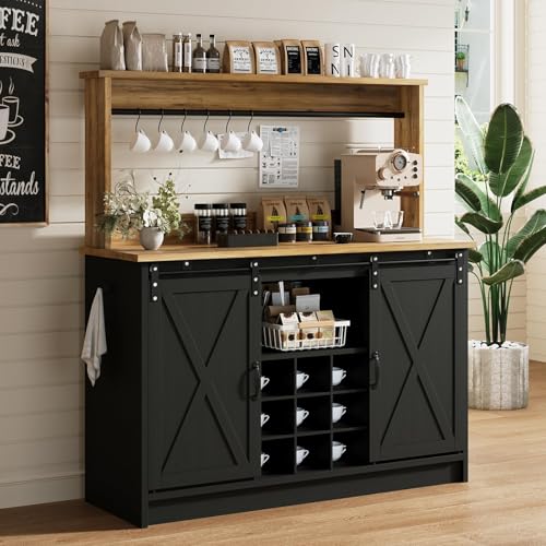 4ever2buy Farmhouse Coffee Bar Cabinet with Hutch, 47 Inch Buffet Cabinet with Storage, Wine Bar with 9 Wine Racks and 6 Hooks, Coffee Bar Table with Adjustable Shelves for Living Dining Room, Black - color: Black, size: 47Inch