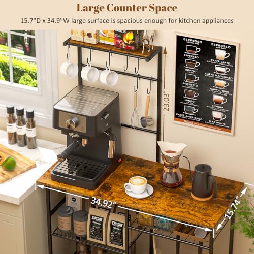 3IngSeagulls Baker's Rack for Kitchen with Storage, Microwave Stand with Adjustable Shelves and 10 S Hooks, 6-Tier Coffee Bar Station, Kitchen Shelves for Spices, Pots, Rustic Brown - color: Brown