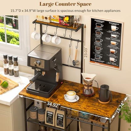 3IngSeagulls Baker's Rack for Kitchen with Storage, Microwave Stand with Adjustable Shelves and 10 S Hooks, 6-Tier Coffee Bar Station, Kitchen Shelves for Spices, Pots, Rustic Brown - color: Brown