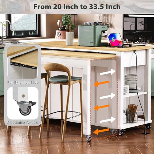 47 Extendable Countertop Coffee Station, Kitchen Storage Cabinets with Power Outlet, Kitchen Island Table with Rubber Wood Veneer for Kitchen use, White - color: White