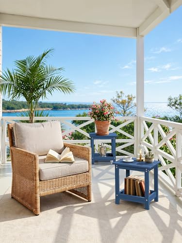 LUE BONA Small Outdoor Side Table, 2-Tier HDPE with Rail, Prussian Blue | Outdoor End Table with Rail for Patio, Deck, Poolside, Weather Resistant HDPE, Low Maintenance, Easy to Clean - color: Prussian Blue
