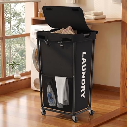 Laundry Hamper with Wheels and Lid, 110L Heavy Duty Rolling Laundry Basket, 88 lbs Capacity, Removable Inner Bag, Clothes Storage Organizer for Bedroom Bathroom Dorm, Black - color: Black, size: 110L