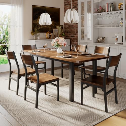 iPormis 7-Piece Dining Table Set with 6 Chairs, 63" Extendable Kitchen Table & Chairs Set for 4-6, Dining RoomTable with Solid Metal Frame & MDF Board, Perfect for Small Space, Easy Assembly, Walnut - color: Walnut