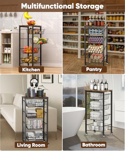 Fruit Vegetable Storage Cart for Kitchen, 5-Tier Vegetable Stand Rack with Pull-Out Fruit Baskets, Rolling Snack Cart with Wood Top & Banana Holder for Pantry, Living Room, Bathroom, Black - style: Black