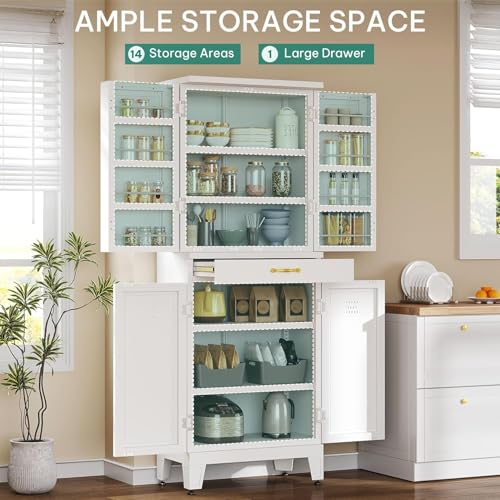 YITAHOME 71" Metal Pantry Cabinet with Drawer, Shelves & Door Racks, White | Tall Freestanding Steel Cupboard with 4 Doors, 8 Racks & Adjustable Shelves for Kitchen and Dining Room