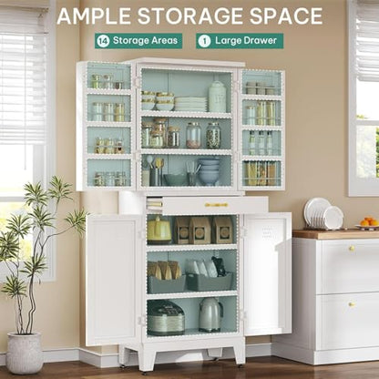 YITAHOME 71" Metal Pantry Cabinet with Drawer, Shelves & Door Racks, White | Tall Freestanding Steel Cupboard with 4 Doors, 8 Racks & Adjustable Shelves for Kitchen and Dining Room