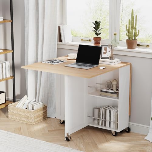 52.7" Folding Dining Table with 6 Wheels, Foldable Dining Table with Drawer, Shelves and Wine Racks, Drop Leaf Table for Small Spaces, Suitable for Kitchen, Dining Room, Apartment (Oak) - color: Light Brown