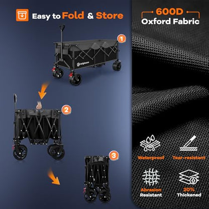 Originsure 300L Foldable Beach Wagon Cart with Big Wheels,560lbs,Grey&Black | 48" Folding Utility Wagon,7" All-Terrain Wheels,Heavy Duty Frame,Compact&Space-Saving,for Camping,Sports,Grocery,Garden - color: Black&grey