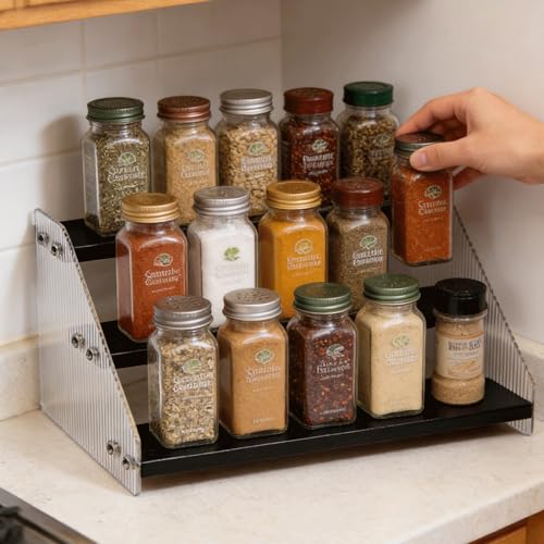Tiered Spice Rack Organizer for Countertop & Cabinet, 3-Tier 12in Kitchen Seasoning Storage Shelf, Space Saving Standing Spice Organizer, Wooden & Acrylic, Black - color: Black, size: 3-Tier 12in