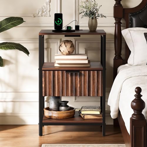 VINGLI Nightstands Set of 2 with Fabric Drawer, Walnut Nightstand with Charging Station, Fluted Night Stands, Bedside Tables/End Tables with Charger Station, Side Table Bedroom,Small Night Stand,2 pcs - color: Walnut, size: 15"W-1 Drawer 2 Shelf
