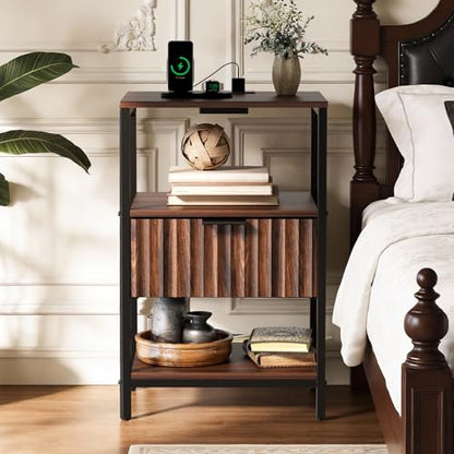 VINGLI Nightstands Set of 2 with Fabric Drawer, Walnut Nightstand with Charging Station, Fluted Night Stands, Bedside Tables/End Tables with Charger Station, Side Table Bedroom,Small Night Stand,2 pcs - color: Walnut, size: 15"W-1 Drawer 2 Shelf