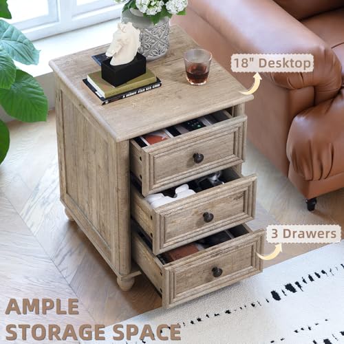 RWYHG 18" Night Stand with Charger Station, Nightstand with 3 Drawers | Farmhouse Modern Bedside Table, Metal Handle, Roman Column Legs, Grey Bed Side End Tables for Bedroom Living Room - color: Gray Oak, size: 18"D x 18"W x 24"H (3 Drawers)
