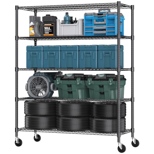 Himimi 82" H Storage Shelves 5 Tier Metal Shelving Adjustable Wire Shelf with Wheels, Heavy Duty Shelving for Garage Kitchen Pantry Bathroom Laundry,18" D*48" W*82" H, Black - color: Black, size: 18"D×48"W×82"H, 5-Tier