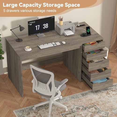 YOMILUVE 47 Inch Computer Desk with 5 Drawers and Power Outlets, Home Office Desks with Storage File Cabinet, Modern Simple Laptop Desk Writing Table for Small Spaces, Grey - color: Grey