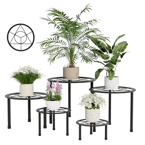 Adjustable Metal Plant Stand Indoor Outdoor 5 Pack Black | Triangle Reinforced Platform, Rubber Floor Protector Feet, Heavy Duty Multiple Weight Potted Plant Holder For Garden Home