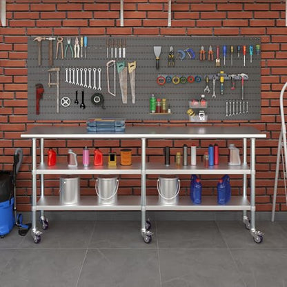 AmGood Stainless Steel Work Table with 2 Shelves and Casters | Metal Utility Table On Wheels (Stainless Steel Work Table with 2 Shelves + Casters, 84" Long x 18" Deep) - size: 84" Long x 18" Deep