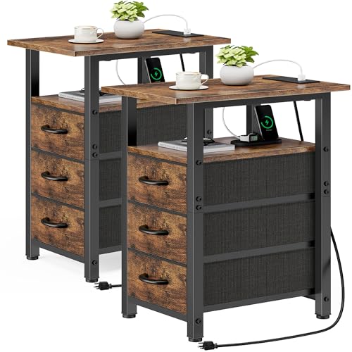 Vagusicc Set of 2 Night Stand with Charging Station, Narrow Nightstand with U-S-B Ports and Outlets, Small Night Stand 3 Fabric Storage Drawers, Small Bedside Table, Rustic Brown - color: Rustic Brown, size: 2, style: With Power
