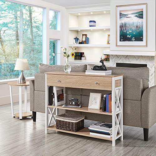 Topeakmart Sofa Console Table with 1 Drawer and 2 Open Storage, 3-Tier Hallway Table with Drawer for Living Room, Retro Console Table for Entryway, Light Oak - color: Light Oak, style: without Power Outlet