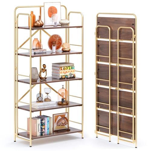 4NM No Assembly Folding Bookshelf, 5 Tiers Collapsible Book Shelves Open Industrial Foldable Storage Bookcase Shelf for Bedroom, Living Room, Home Office - Brown and Gold - color: Brown and Gold, size: 5 Tiers