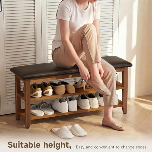 Shoe Bench with Leather Cushion,Rubberwood Bench with Shoe Rack | 2-Tier Shoe Storage Organizer for Entryway,Hallway,Living Room - size: 2-Tier-39.4"