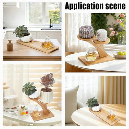 2 Packs Bamboo Tabletop Plant Stand Set, 3-Tier Succulent Herb Stand & Bamboo Planter Saucers for Indoor/Outdoor Garden, Home, Office, Living Room & Bedroom Decor