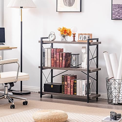 HCHQHS Bookshelf, 3-Tier Industrial Bookcase, Rustic Open Book Shelf, Freestanding Horizontal Bookshelves with Metal Frame - color: Grey, size: 3-Tier (35.8"W x 35.8"H)
