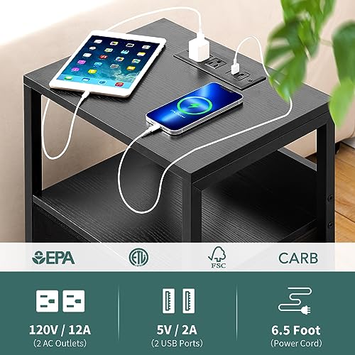 Yoobure Nightstand with Charging Station, LED Night Stand with Fabric Drawers and Storage Shelf for Bedroom, Nightstands Bedside Tables with USB Ports & Outlets, Small Night Stands, Bed Side Table - color: Black