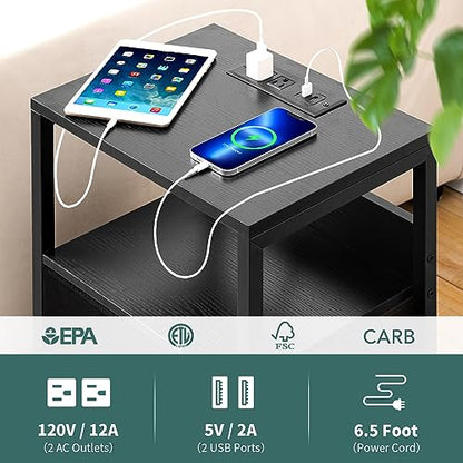 Yoobure Nightstand with Charging Station, LED Night Stand with Fabric Drawers and Storage Shelf for Bedroom, Nightstands Bedside Tables with USB Ports & Outlets, Small Night Stands, Bed Side Table - color: Black