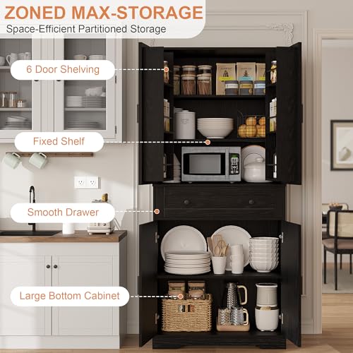 Garvee 71" Kitchen Pantry Cabinet, Barn Door Freestanding Cupboard with Drawer, Sliding Storage Rack, and 6 Hanging Shelves for Kitchen, Dining Room, Living Room Bedroom - color: Black