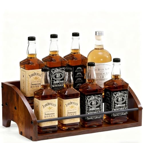 Wooden Liquor Bottle Display Shelf, 2 Tier Countertop Liquor Wine Rack, Coffee Syrup Rack Organizer, Mini Bar Home Retro Bar Shelves Stand for Bourbon Whiskey, Spirits, Alcohol Storage - size: 2 Tier