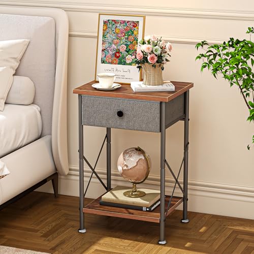 VECELO End Tables, Modern Nightstand with Fabric Drawer & Open Shelf, Night Stand for Bedroom Living Room, Industrial Metal Frame, Easy Assembly, Rustic Brown,1 Pack - color: Rustic Brown, size: 1 PACK
