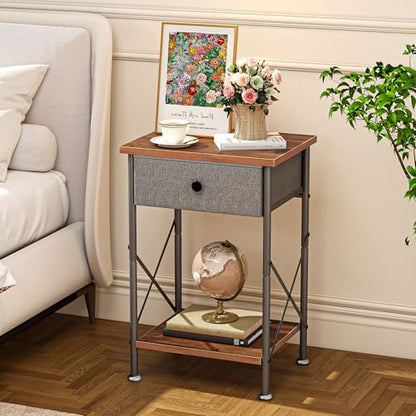 VECELO End Tables, Modern Nightstand with Fabric Drawer & Open Shelf, Night Stand for Bedroom Living Room, Industrial Metal Frame, Easy Assembly, Rustic Brown,1 Pack - color: Rustic Brown, size: 1 PACK