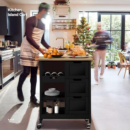 YITAHOME Kitchen Island with Storage, Kitchen Cart for Home, Rolling Serving Utility Trolley Cart on Wheel with 3 Drawers and 3 Storage Shelves, Kitchen Serving Cart for Dining Room, Bar, Black - style: 26.7"W Black