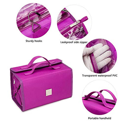 Roll Up Makeup Bag, Travel Toiletry Bag for Women with 4 Clear TSA Approved Pouches, Hanging Travel Organizer, Folding Cosmetic Bag for Men and Women - color: Purple
