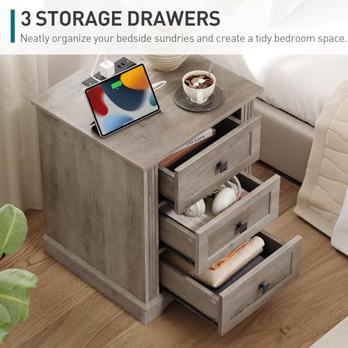 Night Stand with 3 Drawers, 18 Inch Wide End Table with Charging Station, Farmhouse Nightstand, Bedside End Tables Living Room, End Tables with Storage for Bedroom, Greige - color: Greige