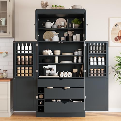 Merax 77'' Tall Freestanding Kitchen Pantry, 35''Lx17.7''W Modern Shaker Style Cupboard Storage Cabinet with Adjustable Shelves,Door Shelves, Drawers and Wine Racks,Grey - color: Grey