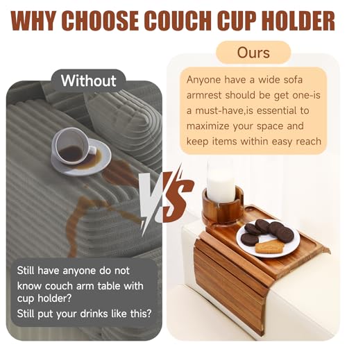 Couch Cup Holder Tray,Acacia Wood Sofa Arm Clip on Tray Table with 360° Rotation Cup Holder,Foldable Anti-Slip Couch Armrest Table for Coffee Mug,Water Bottles,Snacks,Remote on Large Armrest - color: Acacia Wood