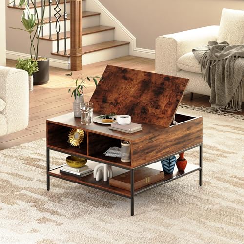 31.5" Farmhouse Coffee Table, Flip-Top Coffee Square Table with Storage Compartment, Wooden Rustic Cocktail Table for Living Room, Bedroom, Apartment, Studio, Dark Walnut - color: Dark Walnut