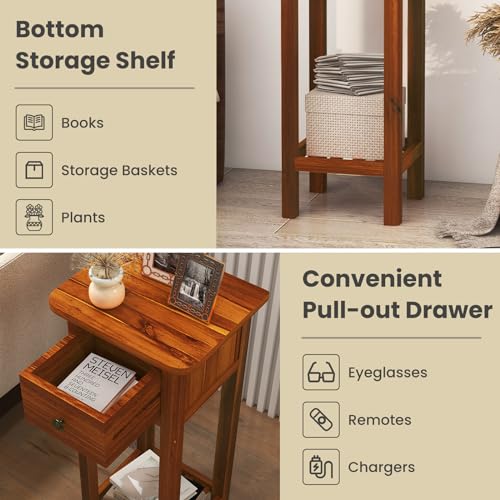 Giantex Narrow End Table with Drawer, Tall Acacia Wood Side Table with Bottom Shelf, Modern Bedside Tables, 2-Tier Nightstand for Small Spaces Bedroom Living Room, No Assemble Required, Brown - color: Brown