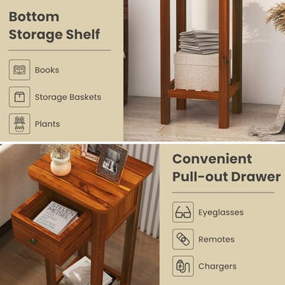 Giantex Narrow End Table with Drawer, Tall Acacia Wood Side Table with Bottom Shelf, Modern Bedside Tables, 2-Tier Nightstand for Small Spaces Bedroom Living Room, No Assemble Required, Brown - color: Brown