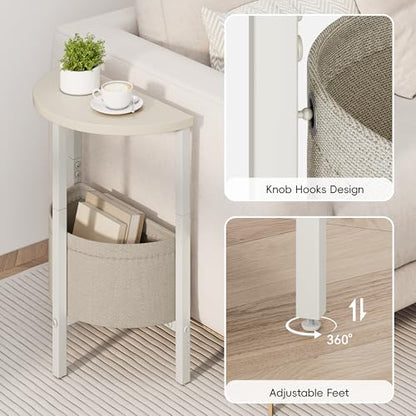 Vagusicc Small Round Side Table End Table, Tall Accent Table with Storage Basket, Set of 2 Half Round Tables Half Moon Tables, Coffee Bedside Tables, Modern Nightstand for Living Room Bedroom, Cream - color: Cream White