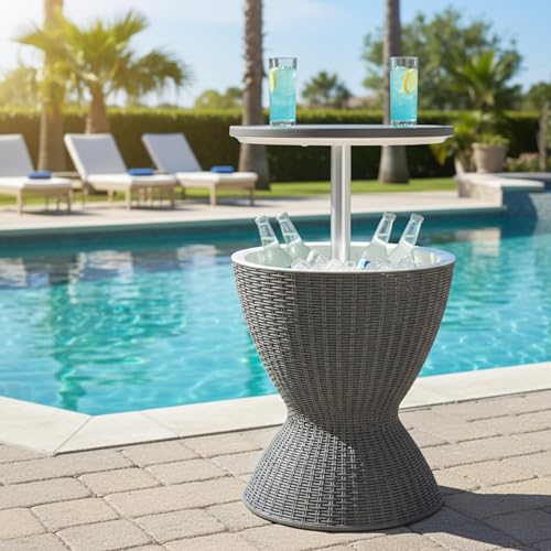 Tangkula Outdoor Cooler Table, Multi-Functional Cooler Bar Table, Adjustable Height Ice Cooler Side Table w/Drain Plug, 8 Gallon Beer & Wine Cooler, Rattan Style Patio Furniture for Pool Parties - color: Grey