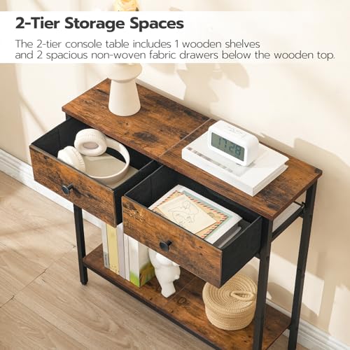 HOOBRO 29.5" Narrow Console Table with 2 Fabric Drawers, Small Entryway Table with 2-Tier Storage Shelves, Sofa Table, Behind Couch Table, for Living Room, Hallway, Rustic Brown and Black BF71XG01 - color: Rustic Brown and Black