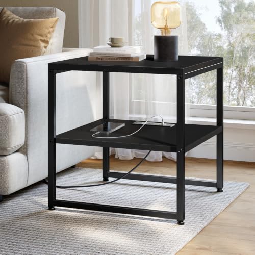 Tatub 20IN Black End Table with Charging Station & USB Ports Outlets | Versatile Mini Fridge Table Printer Stand Nightstand for Bedroom Living Room - color: Black