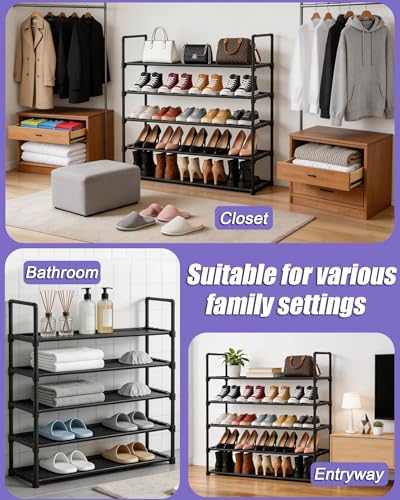 5 Tier Shoe Rack Large Capacity, 34.3" Wide Adjustable Shoe Organizer for 20-25 Pairs, Sturdy Non-Woven Shoe Rack Shelf Multi-Purpose Storage Unit for Closet, Hallway, Entryway,Garage,Black - size: 5-Tier(Black)-Wide
