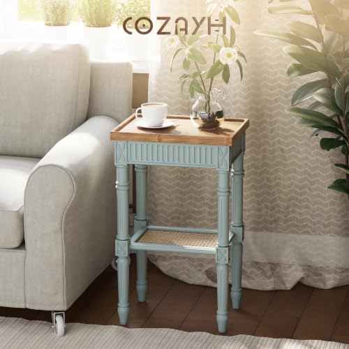COZAYH End Table - Rustic Farmhouse Accent Table - Tray Top, Pale Mint Blue | Engineered Wood, 17 x 13 x 28.25 in, 35 lb Capacity, Rectangular Shape, Distressed Finish, Wicker Shelf, No Assembly Required - color: Mint, size: 1-Pack