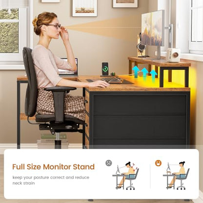 SEDETA L Shaped Desk with 4 Drawers, Shelves, Power Outlets, Rustic Brown | L Shaped Gaming Desk with LED Lights , Computer Desk with Shelves & Drawer, Corner Desk Home Office Desk - color: Rustic Brown