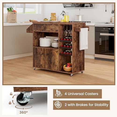 Giantex Rolling Kitchen Island Cart with Drop Leaf, Power Outlet, Spice Rack, 12 Wine Rack, Glass Holder, Drawer, Storage Cabinet, Towel Rack, Island Table for Breakfast Coffee Bar (Rustic Brown) - color: Rustic Brown