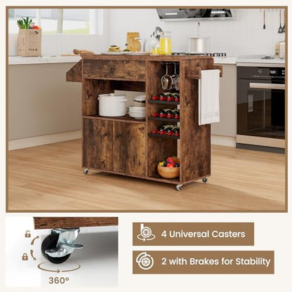 Giantex Rolling Kitchen Island Cart with Drop Leaf, Power Outlet, Spice Rack, 12 Wine Rack, Glass Holder, Drawer, Storage Cabinet, Towel Rack, Island Table for Breakfast Coffee Bar (Rustic Brown) - color: Rustic Brown