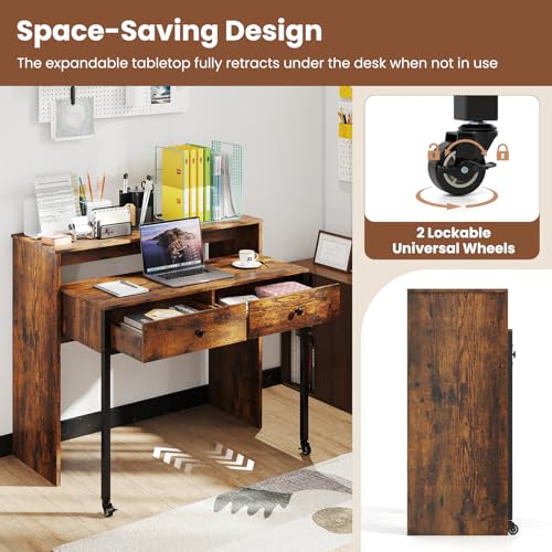 Giantex Small Computer Desk with Hutch & Drawers, Extendable Writing Desk w/Pull Out Secondary Table, Monitor Stand & Rolling Wheels, Console Table, Compact Desk for Small Spaces (Rustic Brown) - color: Rustic Brown